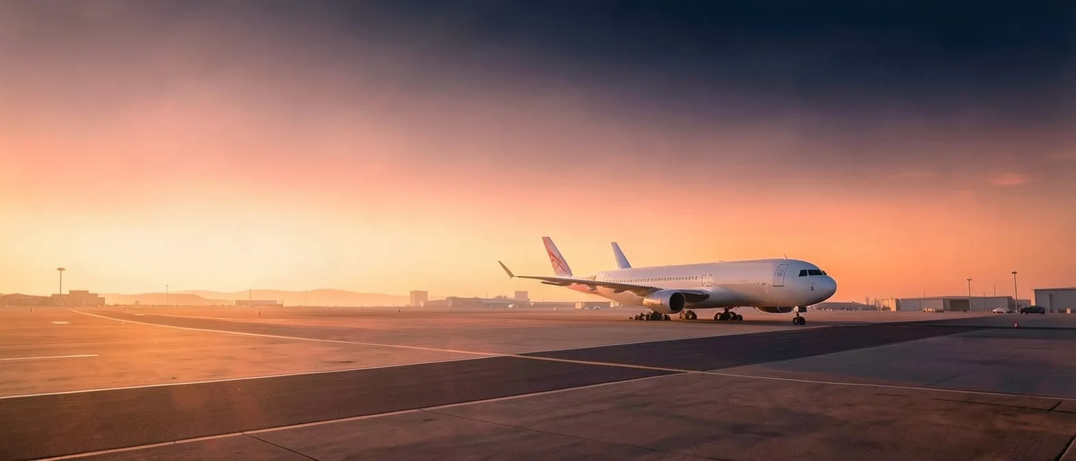 Passenger jet on the apron at sunrise